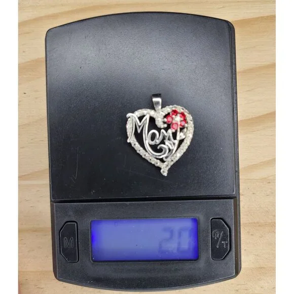 Vtg Sterling Silver Heart Pendant "Mom" Design Red Crystal Flower Accents 0.8" - Picture 6 of 6